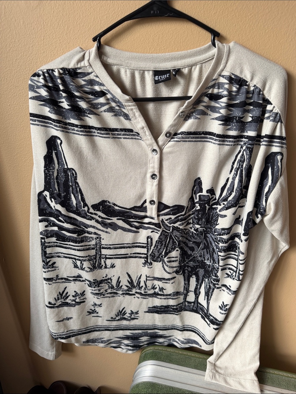 Cruel Girl Women's Cream Long Sleeve Graphic Henley Tee
